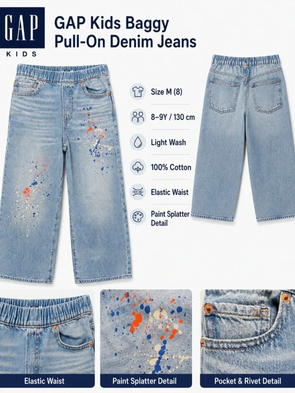Gap Kids Easy Baggy Paint Splatter Jeans Size M 8